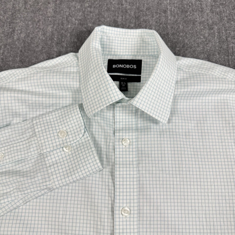 Bonobos Men's Dress Shirt 15.5 33 Slim Fit Light Blue Check Stretch Cotton